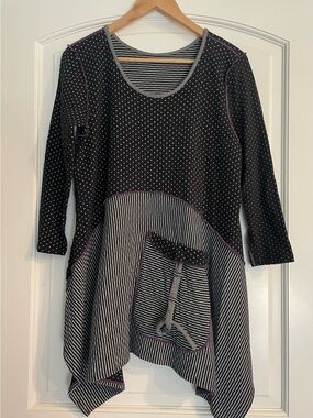 Noblu Whimsical Color Block Polka Dot Patchwork Artsy Tunic Asymmetrical Top S